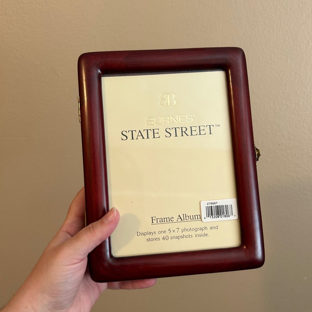 Vintage Burnes Red Mahogany Wood Standing Frame Album Keepsake Photo Box Gifting